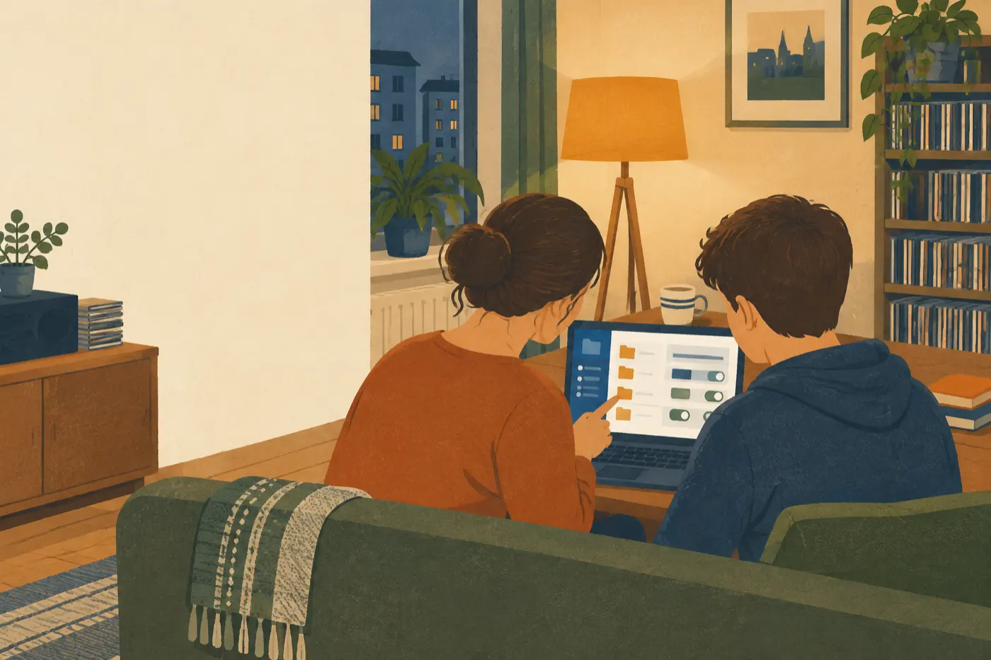 Eine Mutter und ihr Sohn schauen gemeinsam auf die Ordnereinstellungen eines Filesharing-Programms am Laptop.