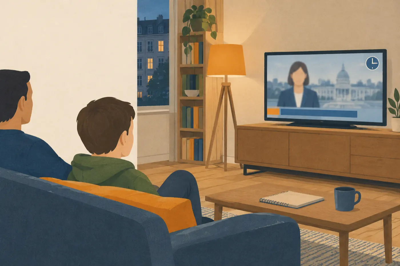 Ein Elternteil und ein Kind sitzen abends zusammen auf dem Sofa und schauen sich eine Nachrichtensendung im Fernsehen an.