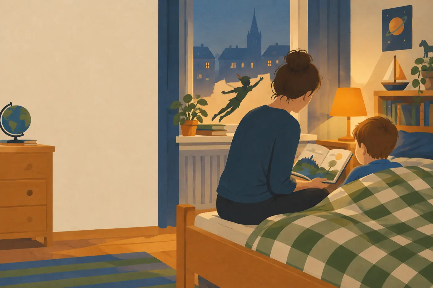 Ein Erwachsener liest einem Kind aus einem Peter-Pan-Buch vor, im Fenster hängt die Silhouette eines fliegenden Jungen.