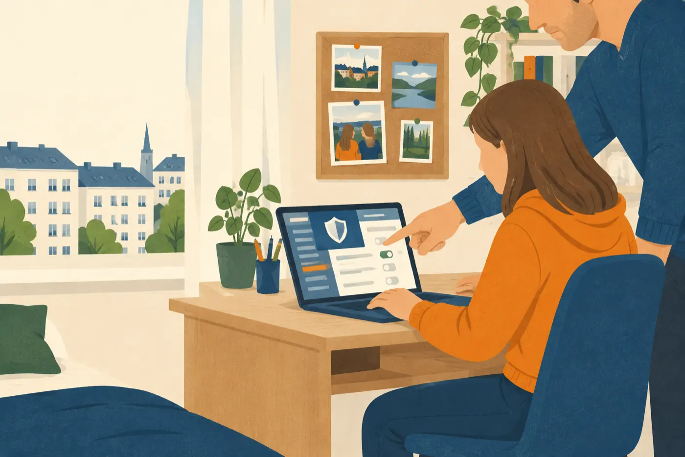 Ein Vater und seine Tochter sitzen am Schreibtisch im Kinderzimmer und stellen gemeinsam die Privatsphäre-Einstellungen auf einem Laptop ein.