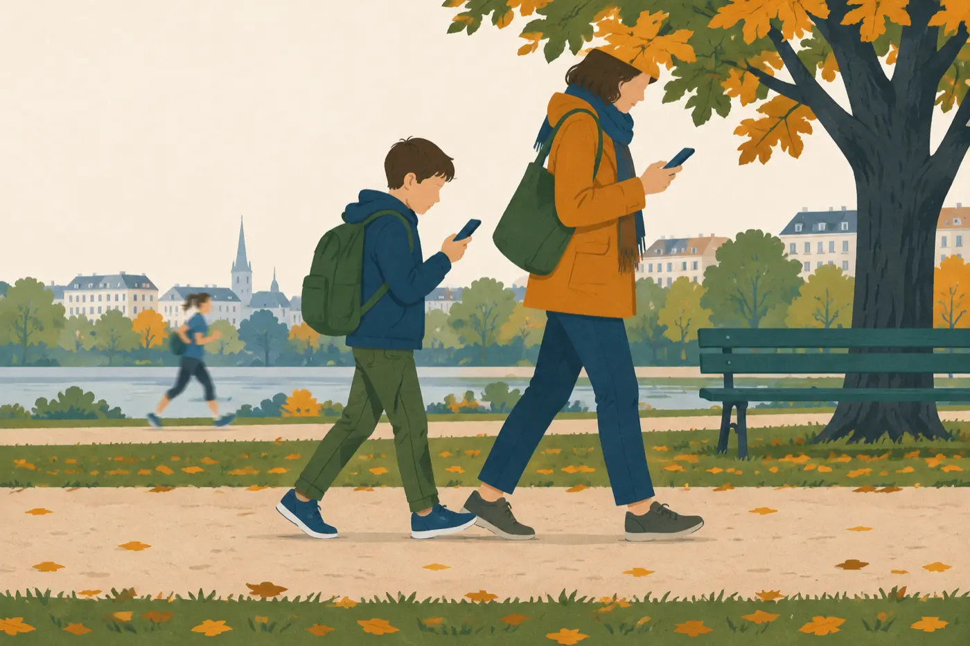 Ein Elternteil und ein Kind gehen nebeneinander durch einen Park und halten dabei beide ihr Smartphone leicht erhoben.
