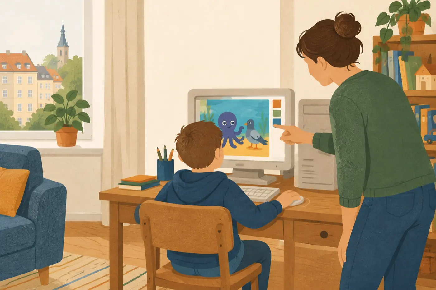 Ein Kind sitzt am Computer und schaut sich gemeinsam mit einem Elternteil eine Lernsoftware mit Comicfiguren an.