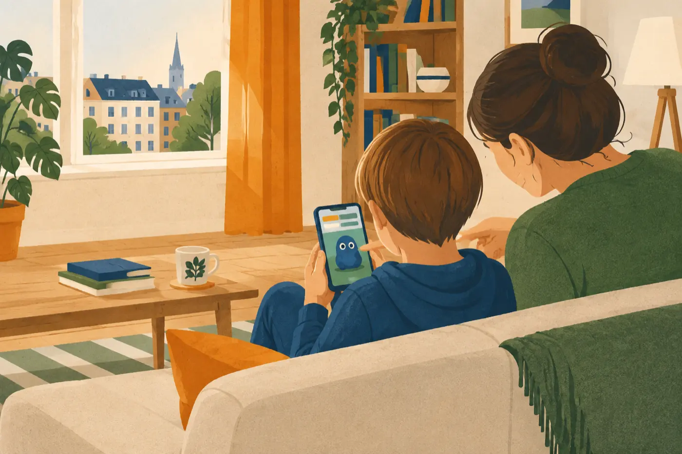 Ein Kind und ein Elternteil schauen gemeinsam auf ein Smartphone mit einem einfachen, großäugigen virtuellen Wesen auf dem Bildschirm.