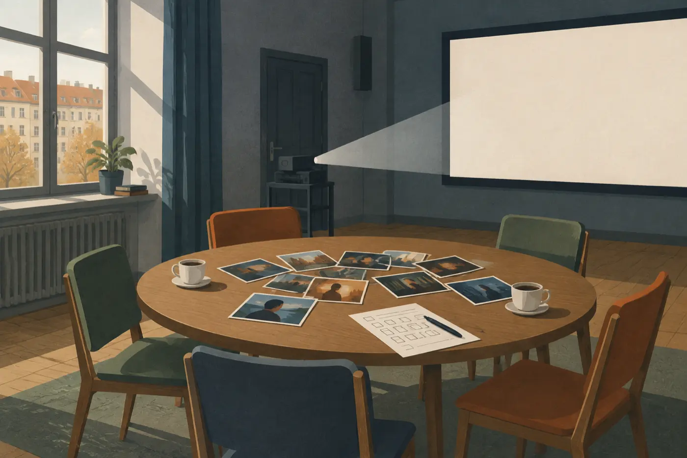 Ein leerer Jurytisch mit fünf Stühlen und Filmnotizen vor einer Kinoleinwand.