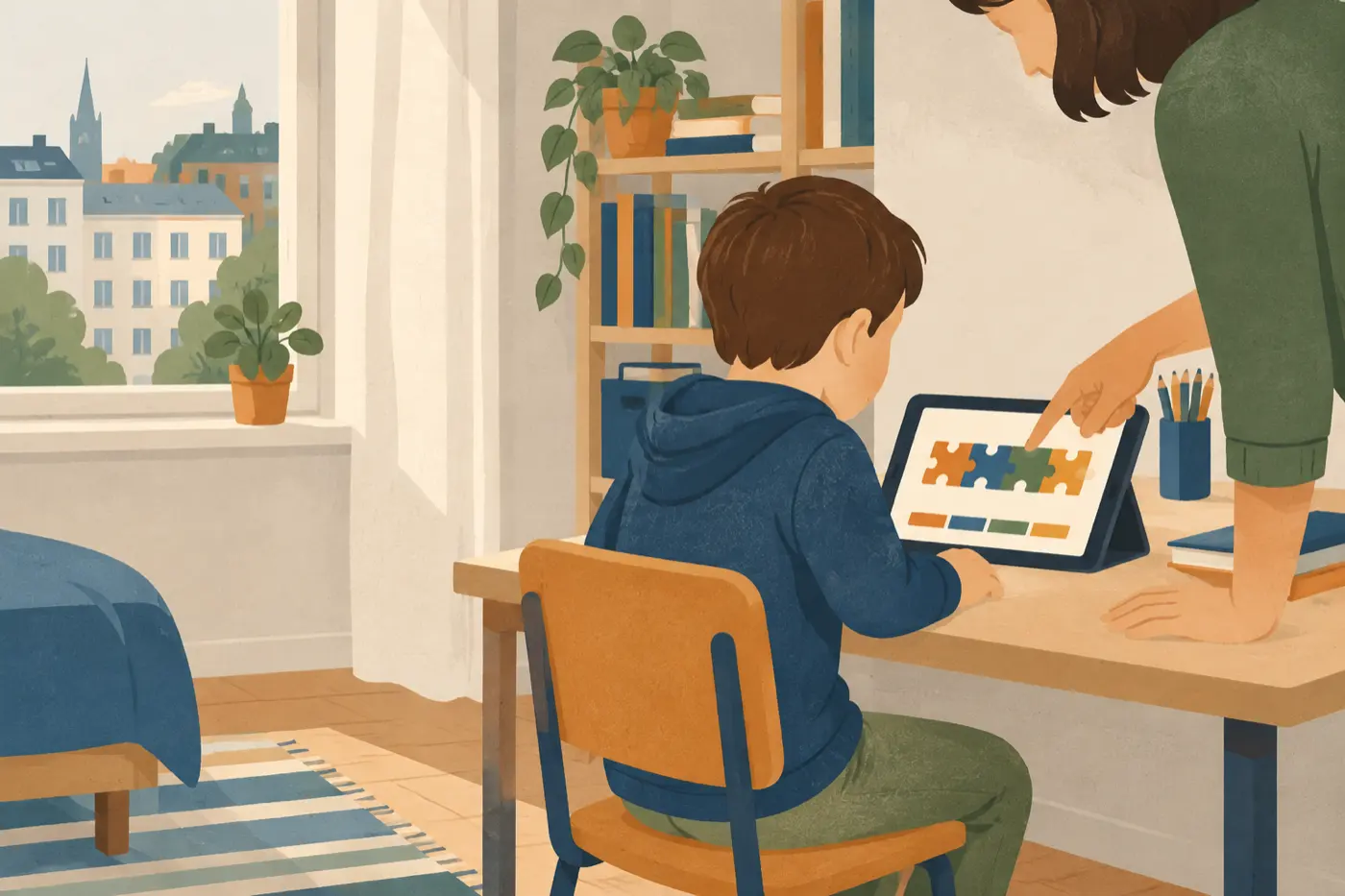 Ein Kind sitzt seitlich an einem Schreibtisch im Kinderzimmer und schaut auf ein Tablet mit bunten, puzzleförmigen Bausteinen, während ein Elternteil daneben auf den Bildschirm zeigt.