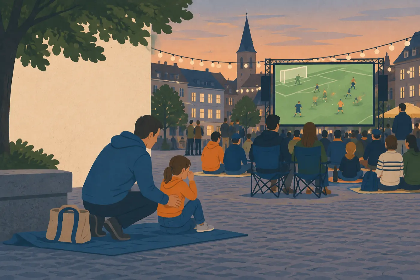 Eine Familie sitzt bei einem Public-Viewing-Abend etwas abseits der Leinwand, das Kind wirkt müde.