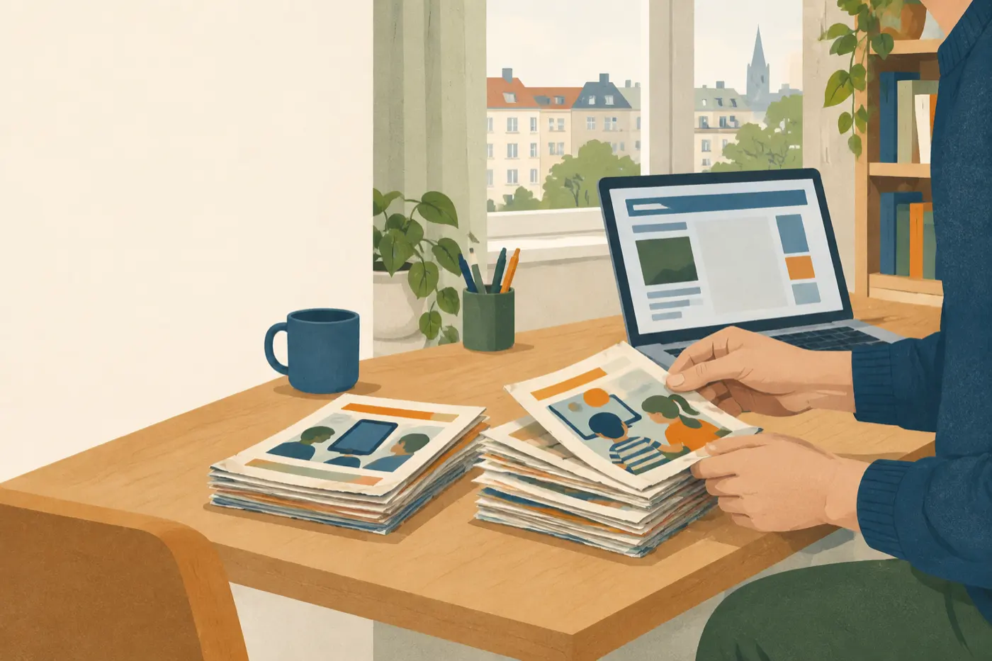 Eine Hand sortiert alte Papier-Broschüren zu Kindermedien in zwei Stapel, daneben steht ein aufgeklappter Laptop.