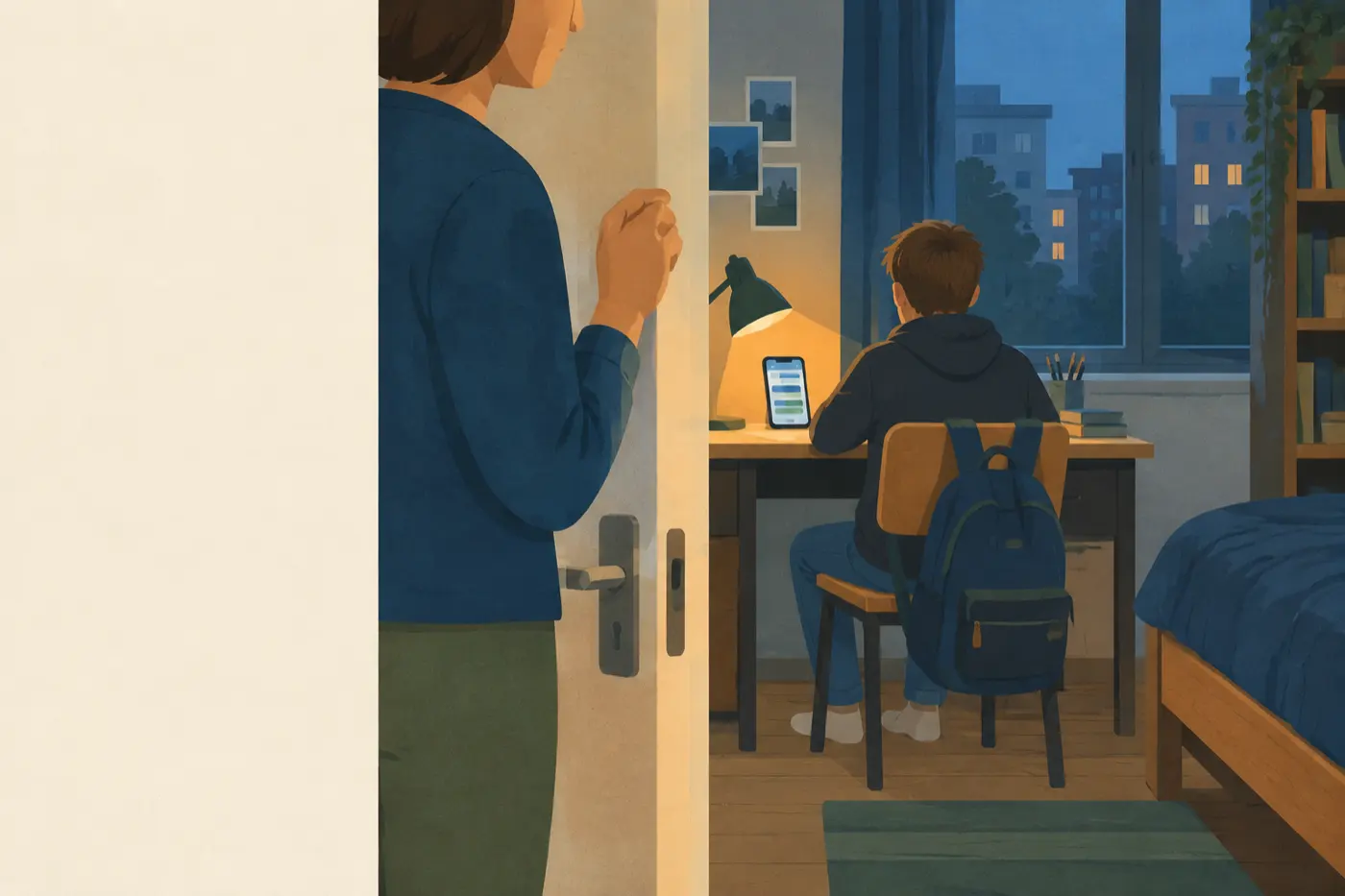 Ein Elternteil klopft abends an die halb geöffnete Zimmertür, das Kind sitzt mit Smartphone am Schreibtisch.