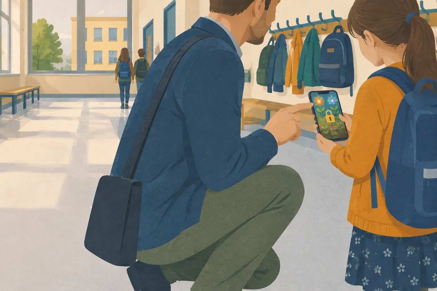 Ein Vater und seine Tochter schauen nach der Schule gemeinsam auf ein Smartphone mit einer Garten-Spiel-Oberfläche, er zeigt auf ein Schloss-Symbol für Ausgabenlimits.