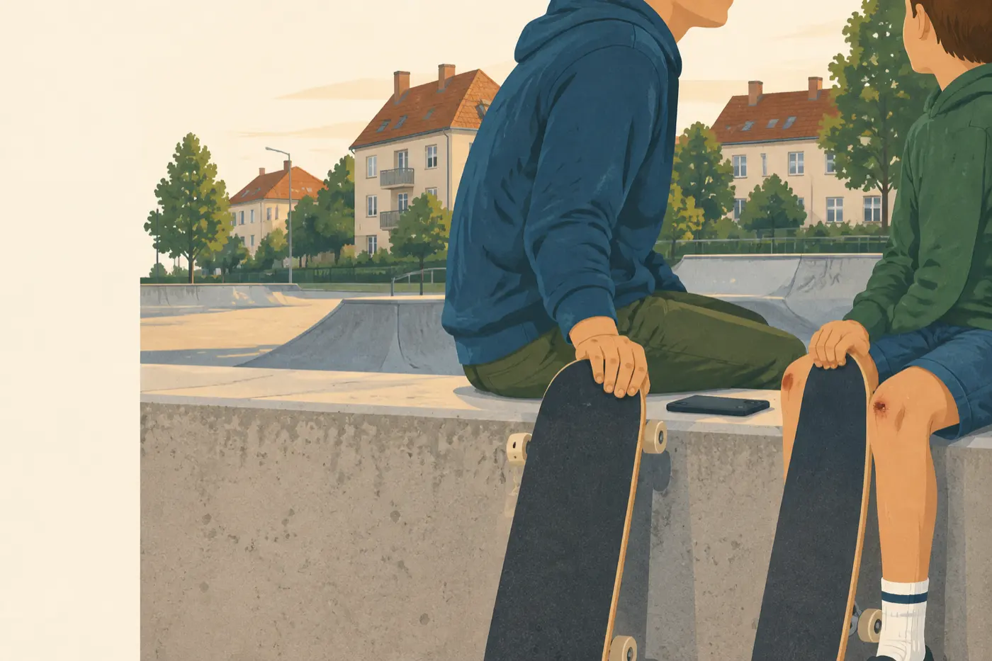 Ein Elternteil sitzt mit einem Kind auf einer Mauer vor einem Skatepark, das Handy liegt umgedreht zwischen beiden.