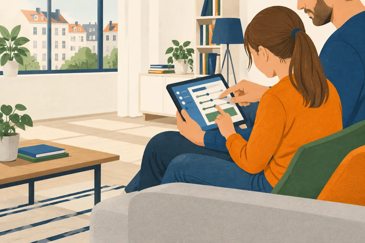 Ein Vater und seine Tochter sitzen zusammen auf dem Sofa und stellen gemeinsam eine Einstellung auf einem Tablet ein, beide von der Seite und unterhalb der Augen zu sehen.
