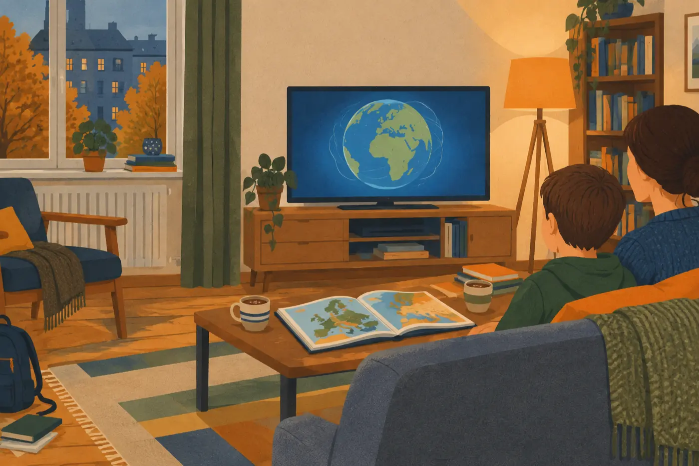 Ein Elternteil und ein Kind schauen gemeinsam auf dem Sofa eine Doku-Sendung über das Leben von Kindern in anderen Ländern.