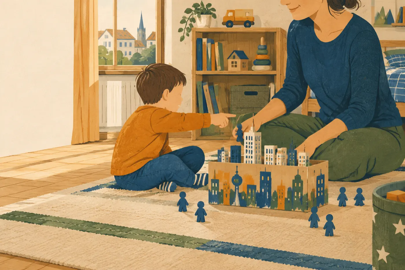 Ein Erwachsener und ein Kind spielen am Boden mit blauen Spielfiguren vor einer selbstgebauten Pappkulisse einer Stadt.