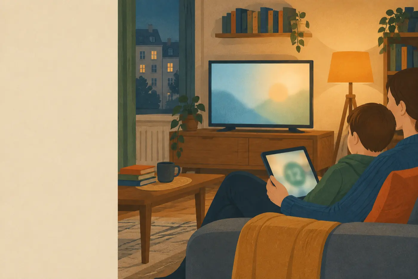 Ein Elternteil und ein Kind sitzen abends gemeinsam auf dem Sofa vor dem Fernseher, im Vordergrund ein Tablet mit einem Altershinweis.