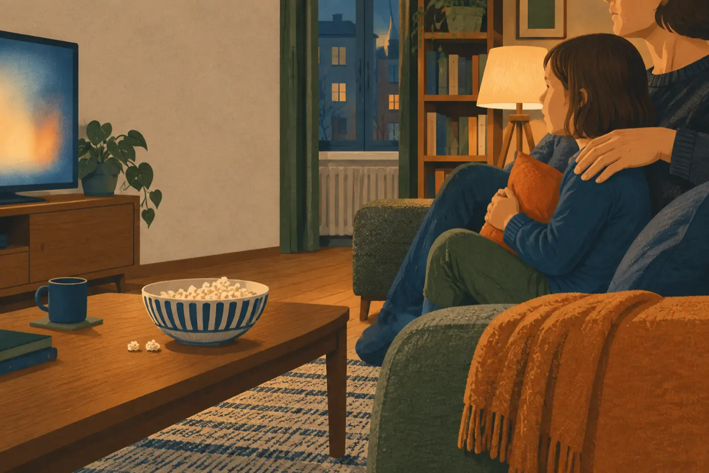 Ein Kind sitzt beim Fernsehabend dicht an einem Erwachsenen auf dem Sofa, der Bildschirm im Hintergrund leuchtet nur verschwommen.