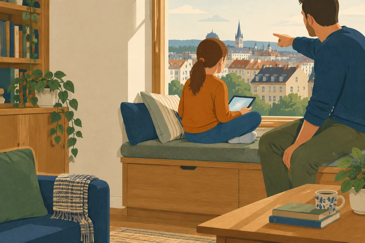 Ein Mädchen und ihr Vater sitzen auf einer Fensterbank, das Mädchen hält ein Tablet, der Vater zeigt nach draußen.