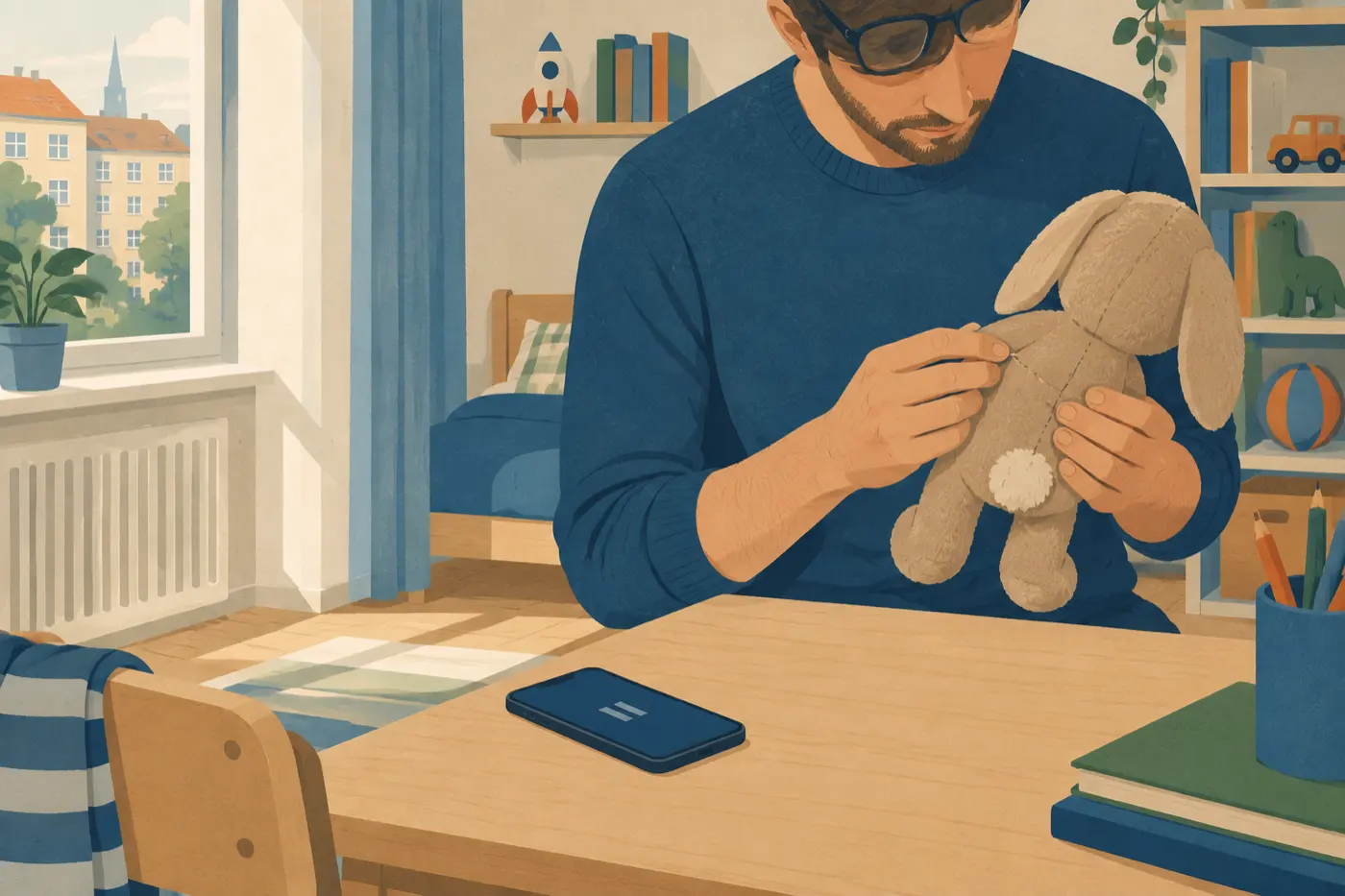 Ein Vater schaut sich eine Plüschfigur genauer an, während ein Smartphone mit angehaltenem Bildschirm daneben liegt.
