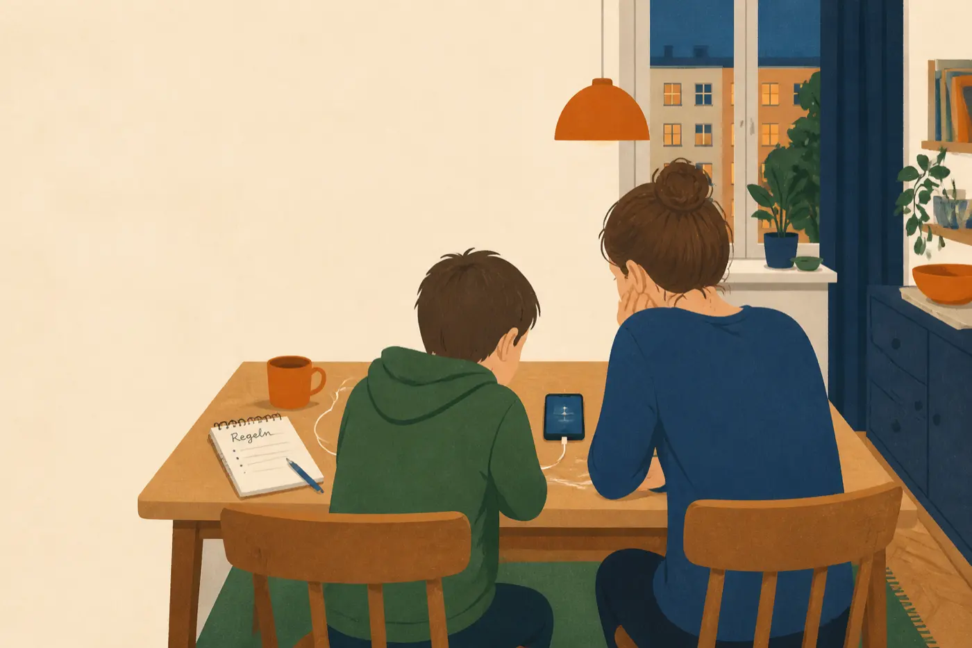 Ein Erwachsener und ein Kind sitzen nebeneinander am Küchentisch und schauen gemeinsam auf ein Smartphone. Daneben liegt ein Notizbuch mit der Überschrift „Regeln“.