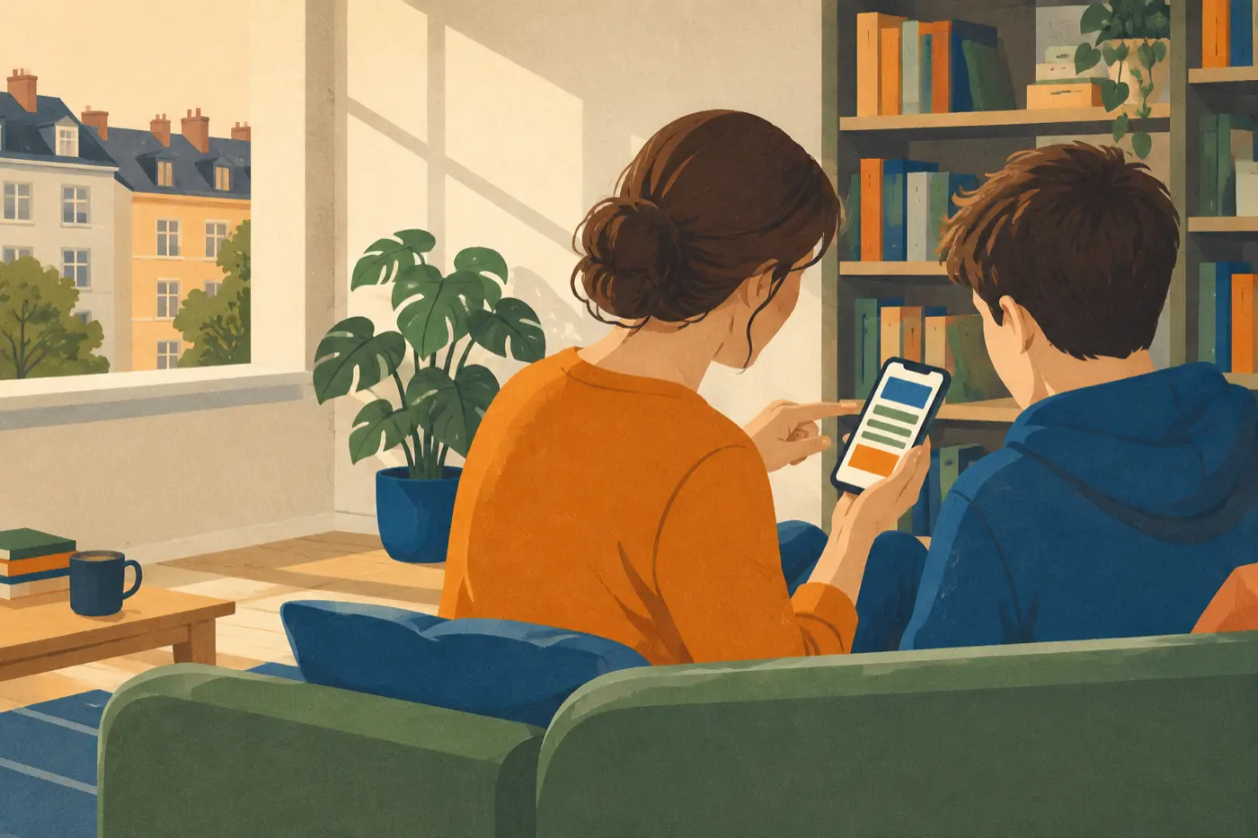 Eine Mutter und ihr Sohn sitzen zusammen auf dem Sofa und schauen gemeinsam auf ein Smartphone.
