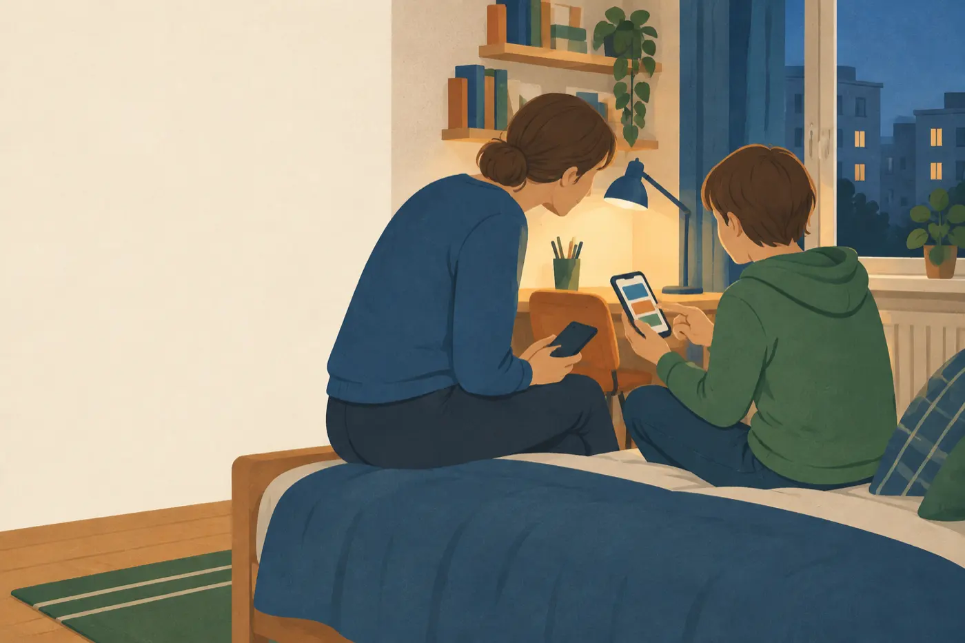 Ein Elternteil und ein Kind sitzen zusammen auf dem Bett und schauen gemeinsam auf ein Smartphone.