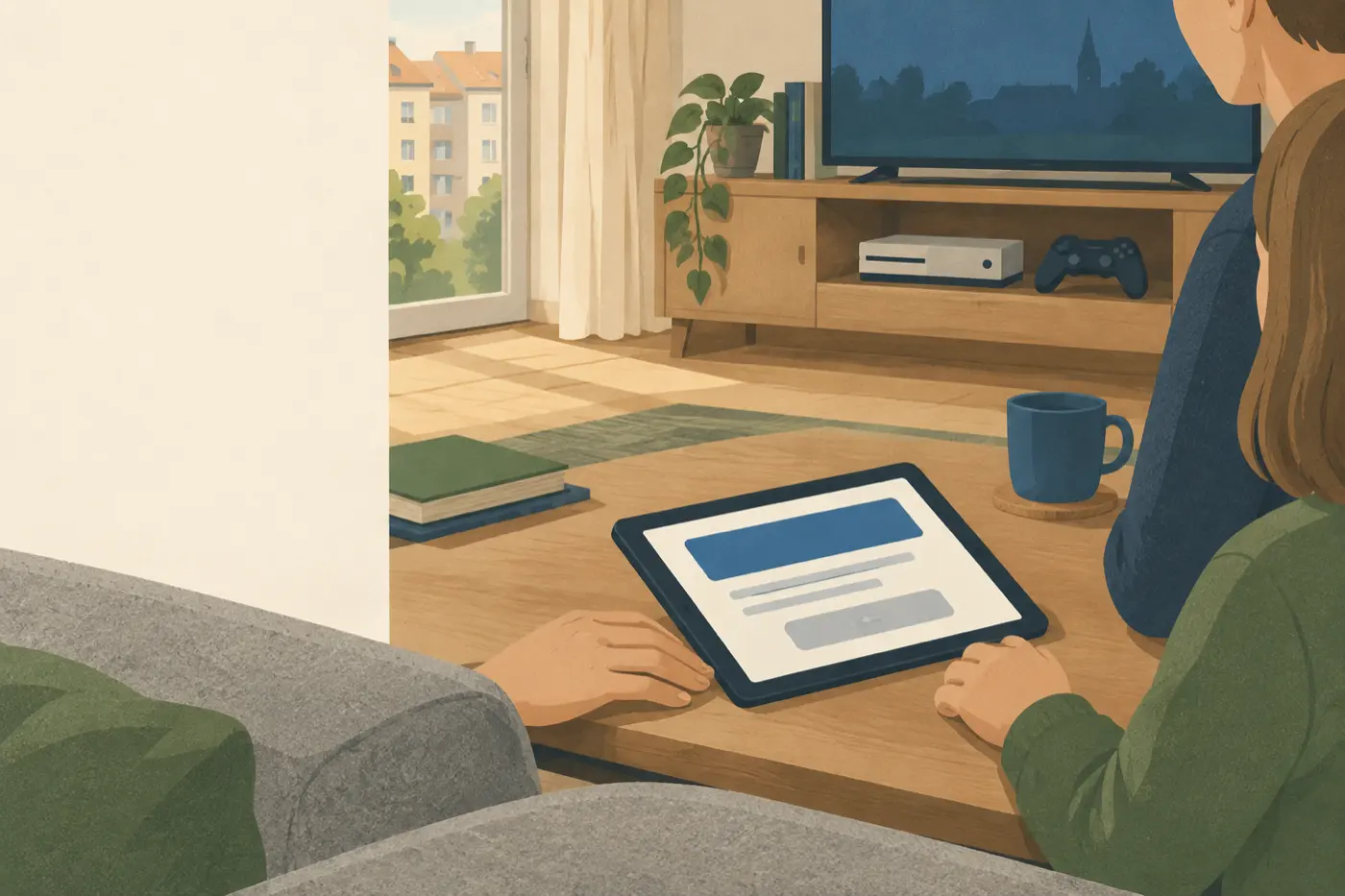 Ein Elternteil und ein Kind sitzen auf dem Sofa und schauen gemeinsam auf ein Tablet mit einem Abo-Bildschirm, im Hintergrund eine Spielkonsole.