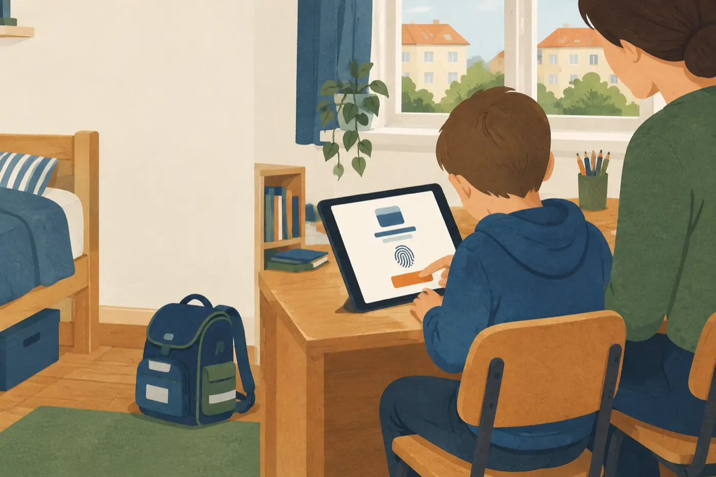 Ein Elternteil und ein Kind sitzen an einem Schreibtisch im Kinderzimmer und schauen gemeinsam auf ein Tablet mit einem Zahlungsbildschirm.