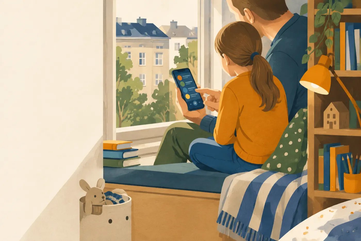 Ein Vater und seine Tochter sitzen auf einer Fensterbank im Kinderzimmer und schauen gemeinsam auf ein Smartphone mit einer Musik-App.