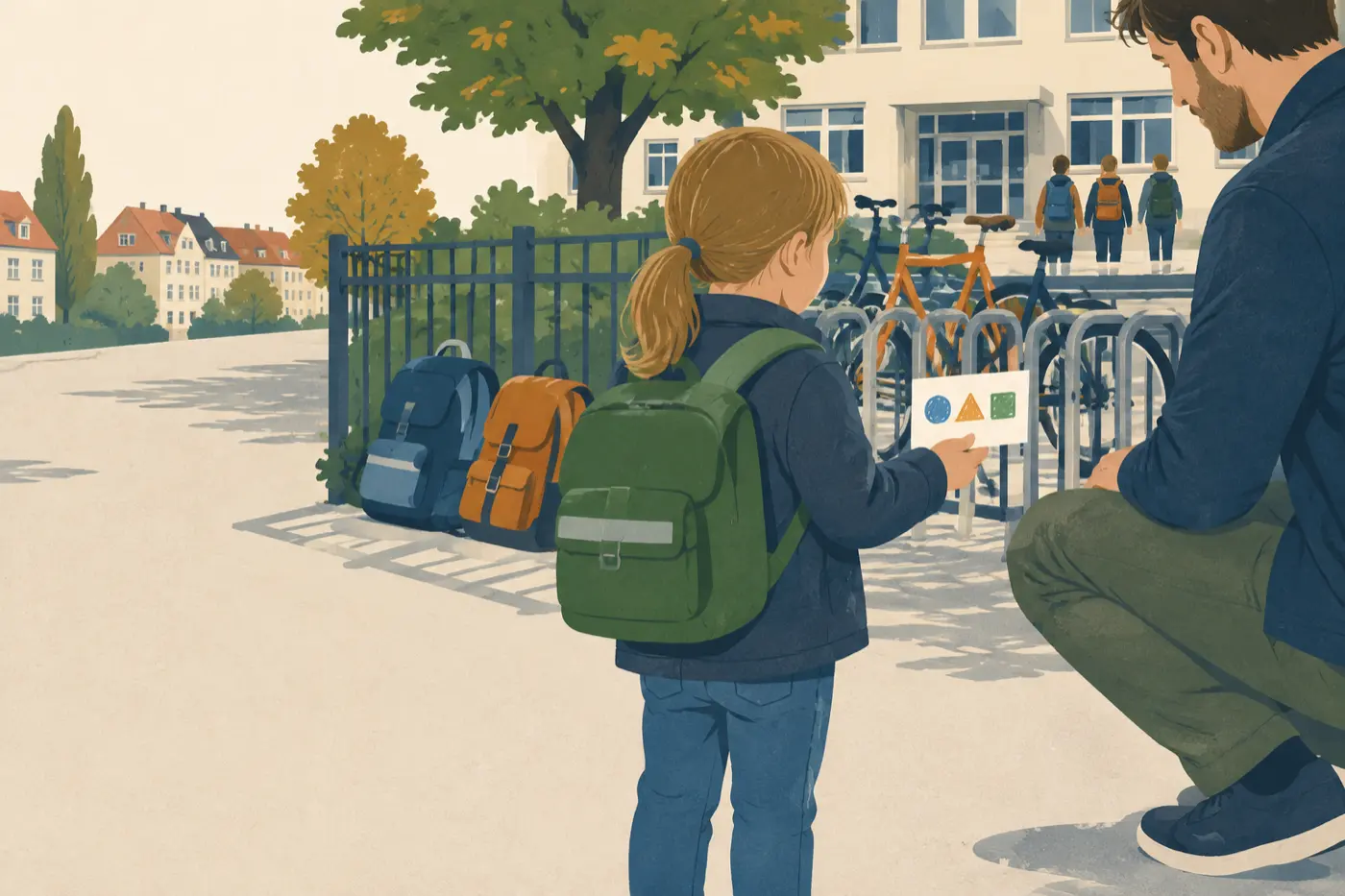 Ein Vater kniet neben seinem Kind vor dem Fahrradständer der Schule und schaut sich eine selbstgemalte Karte mit Kreis, Dreieck und Quadrat an, die das Kind von Mitschülern bekommen hat.