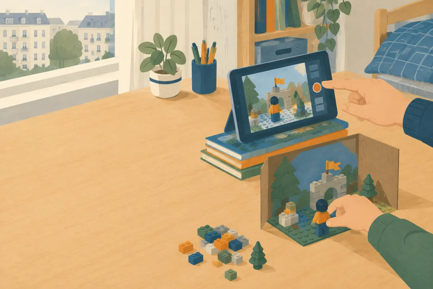 Draufsicht auf einen Kinderschreibtisch: Ein Tablet auf einem Bücherstapel filmt eine kleine LEGO-Bühne, eine Kinderhand rückt eine Figur zurecht, eine Erwachsenenhand zeigt auf den Bildschirm.