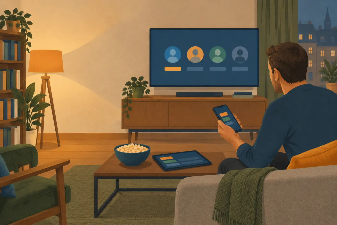 Ein Vater sitzt abends auf dem Sofa und vergleicht die Profilauswahl auf dem Smartphone mit der Anzeige auf dem Fernseher.