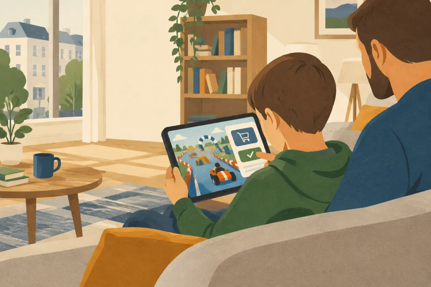 Ein Vater und sein Sohn sitzen auf dem Sofa und schauen gemeinsam auf ein Tablet mit einem bunten Rennspiel, bevor sie einen Kauf im Spiel bestätigen.