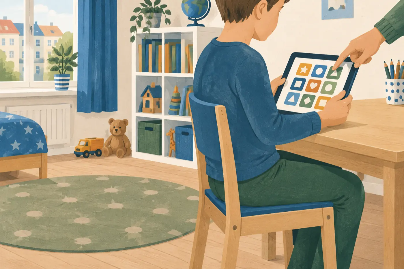 Ein Kind sitzt mit einem Tablet am Schreibtisch im Kinderzimmer, eine Erwachsenenhand zeigt von der Seite auf den Bildschirm.