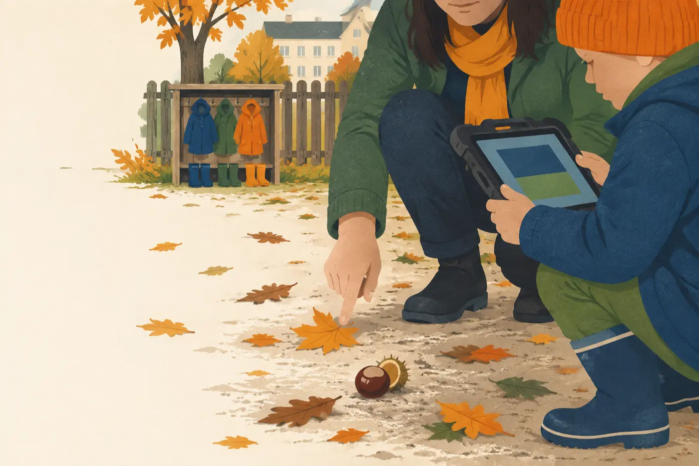 Eine Fachkraft kniet neben einem Kind im Kita-Garten und zeigt auf ein Herbstblatt, während das Kind mit einem Tablet in einer robusten Schutzhülle ein Foto davon macht.