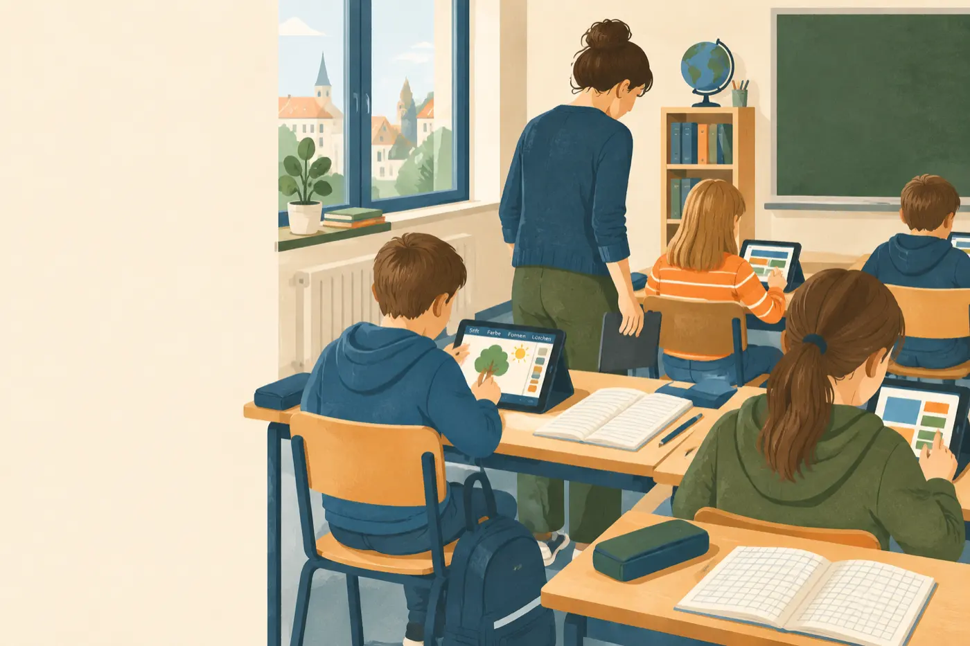 Ein Lehrer steht neben Schülern, die im Unterricht mit Tablets arbeiten, daneben liegen Hefte auf dem Tisch.