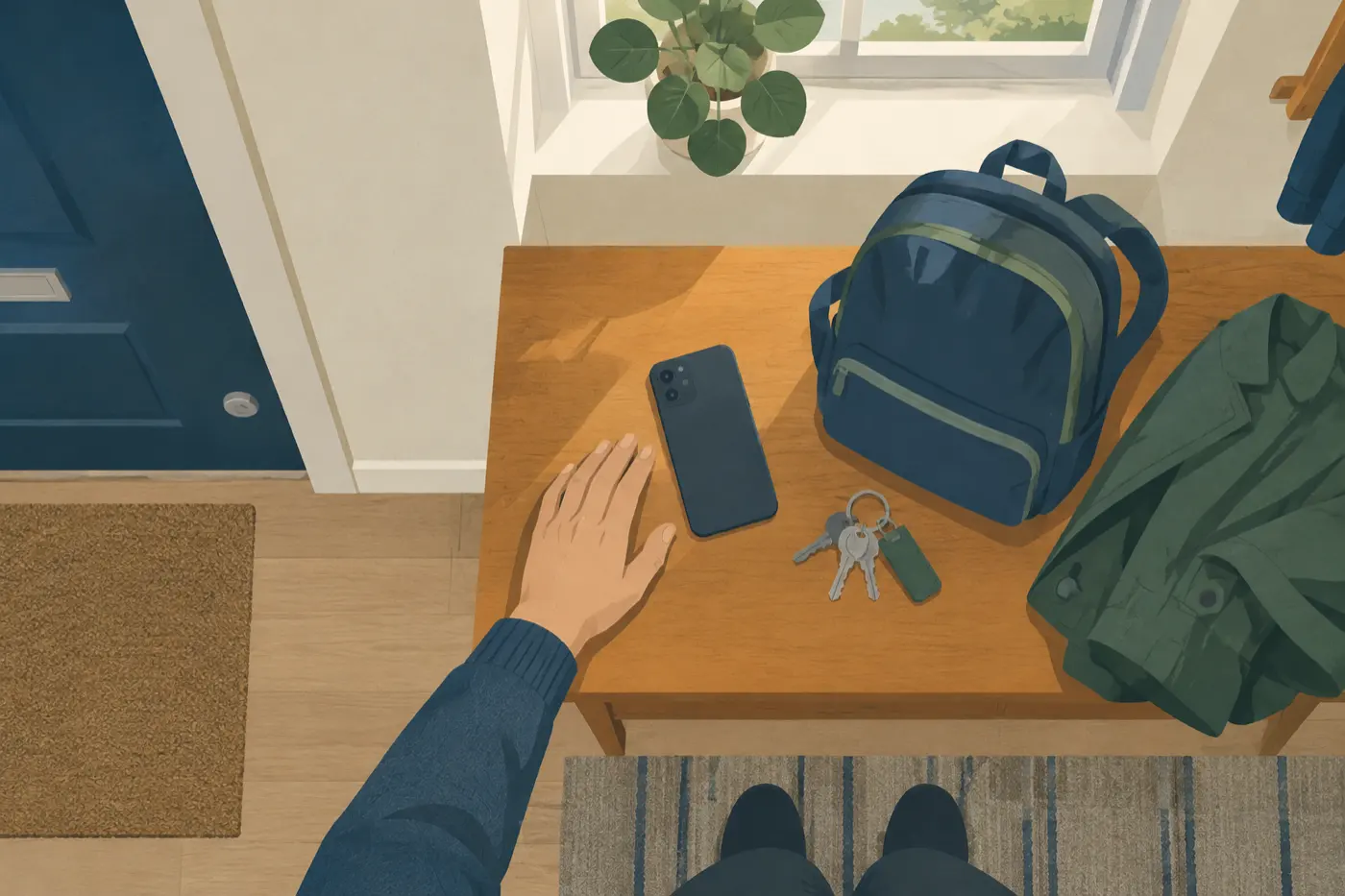 Ein Smartphone liegt mit Schulranzen und Schlüsseln auf einem Flurtisch, eine Hand ruht ruhig daneben.