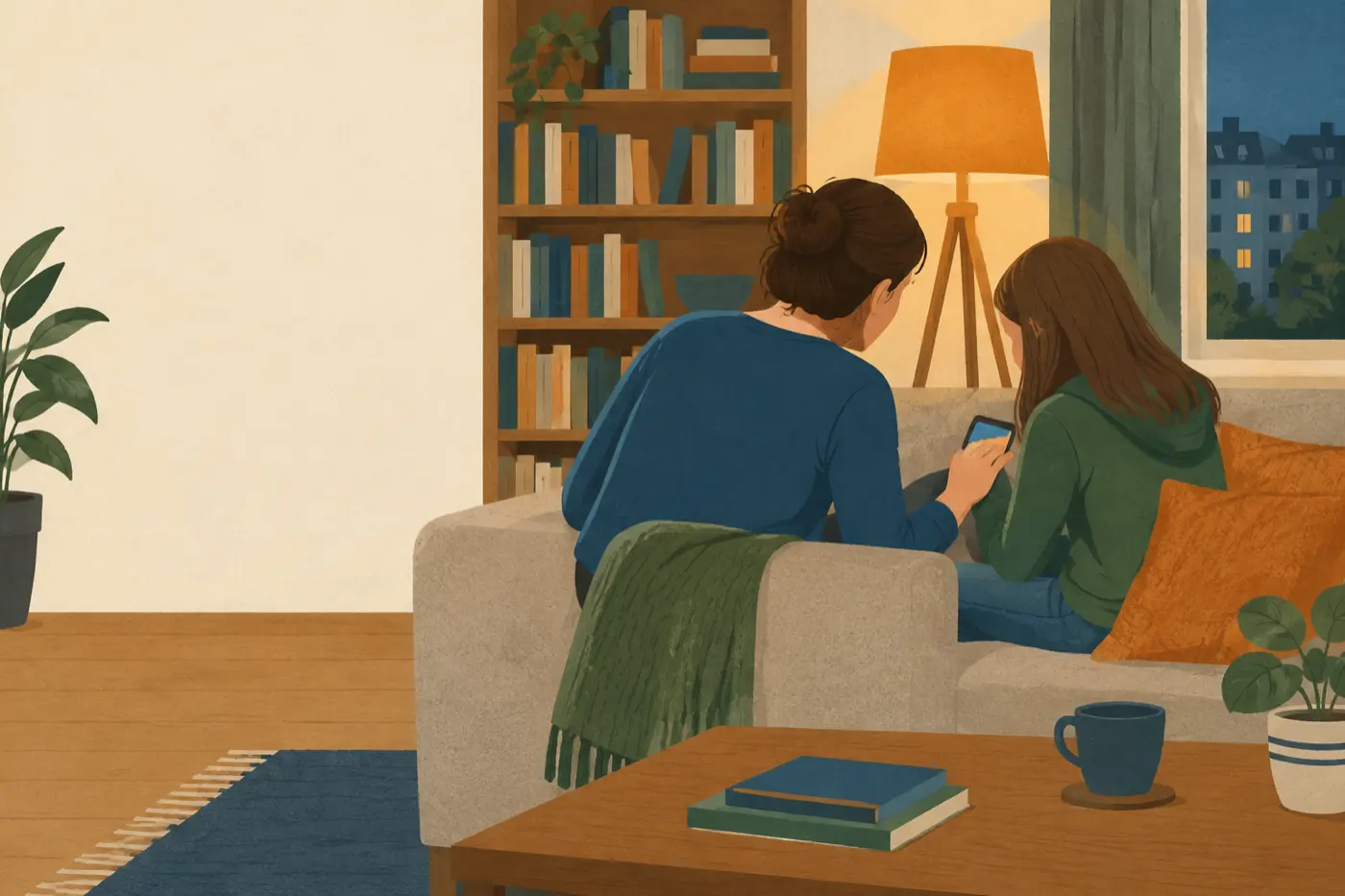 Eine Mutter sitzt neben ihrer Tochter auf dem Sofa und hört ihr zu, während das Mädchen ihr Smartphone unsicher in der Hand hält.