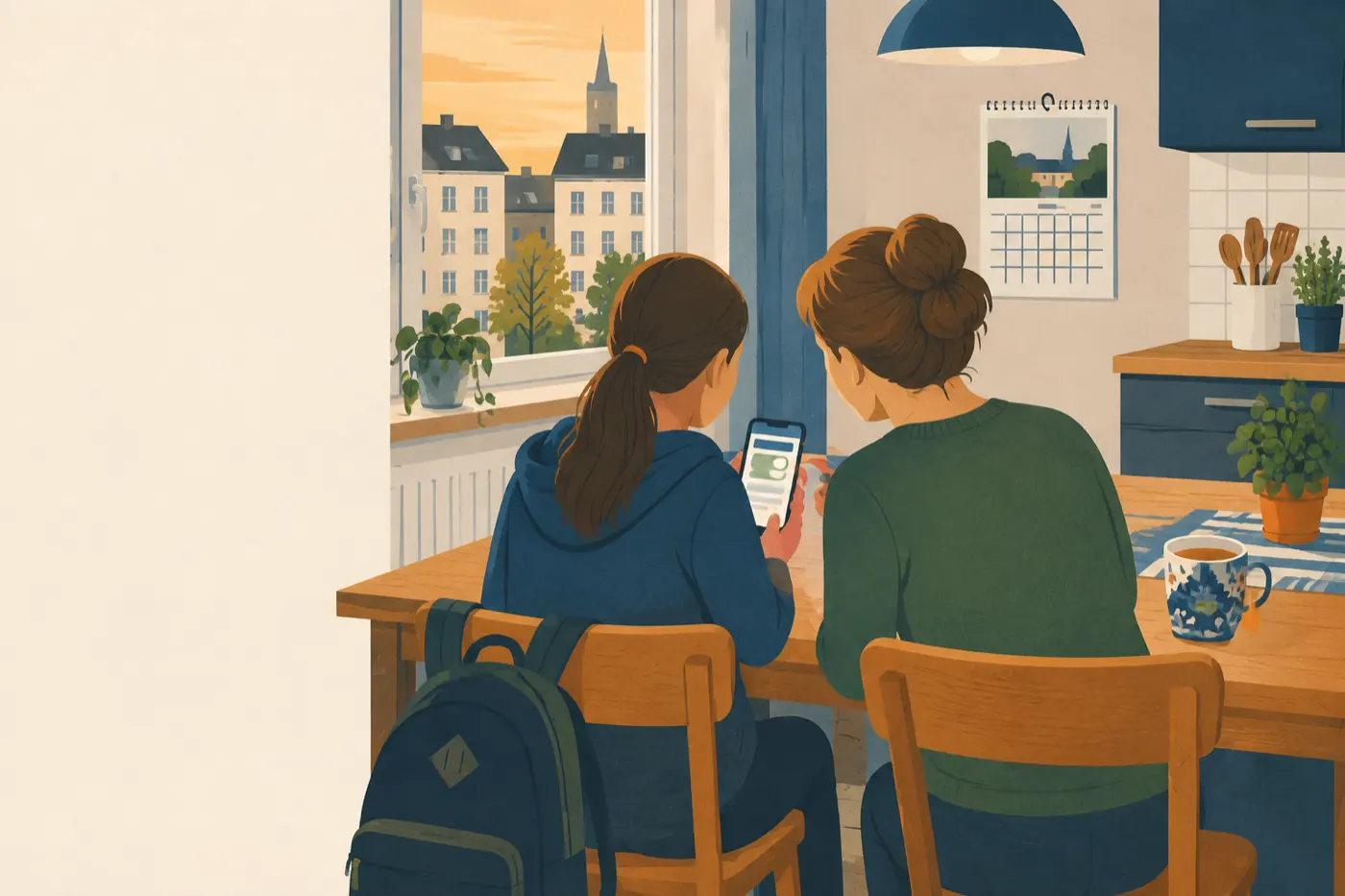 Mutter und Tochter sitzen von hinten gesehen am Küchentisch und schauen gemeinsam auf ein Smartphone mit einem Schalter auf dem Bildschirm; daneben eine Teetasse und ein Schulrucksack.