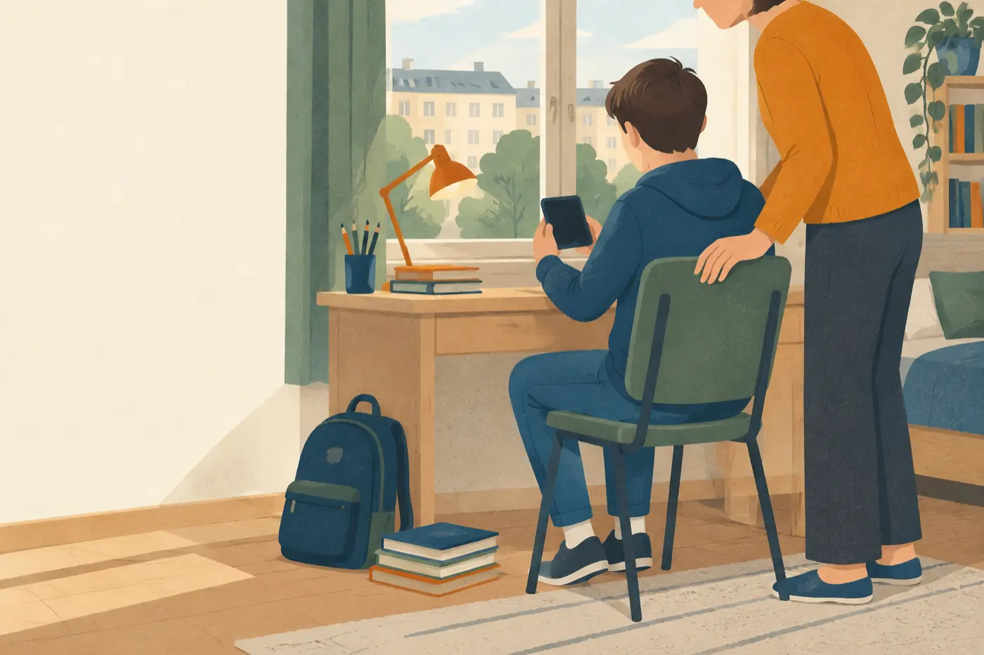 Ein Jugendlicher sitzt mit dem Smartphone am Schreibtisch, eine erwachsene Person steht daneben und schaut mit.
