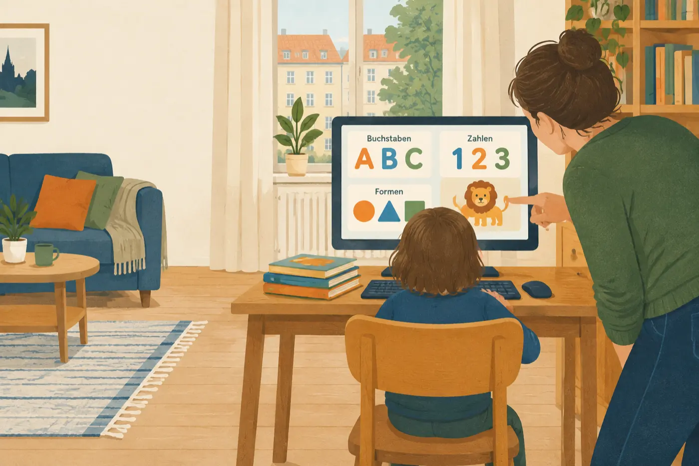 Ein Kind sitzt mit einem Elternteil vor dem Computer und löst gemeinsam eine spielerische Lernaufgabe mit Buchstaben und Zahlen.
