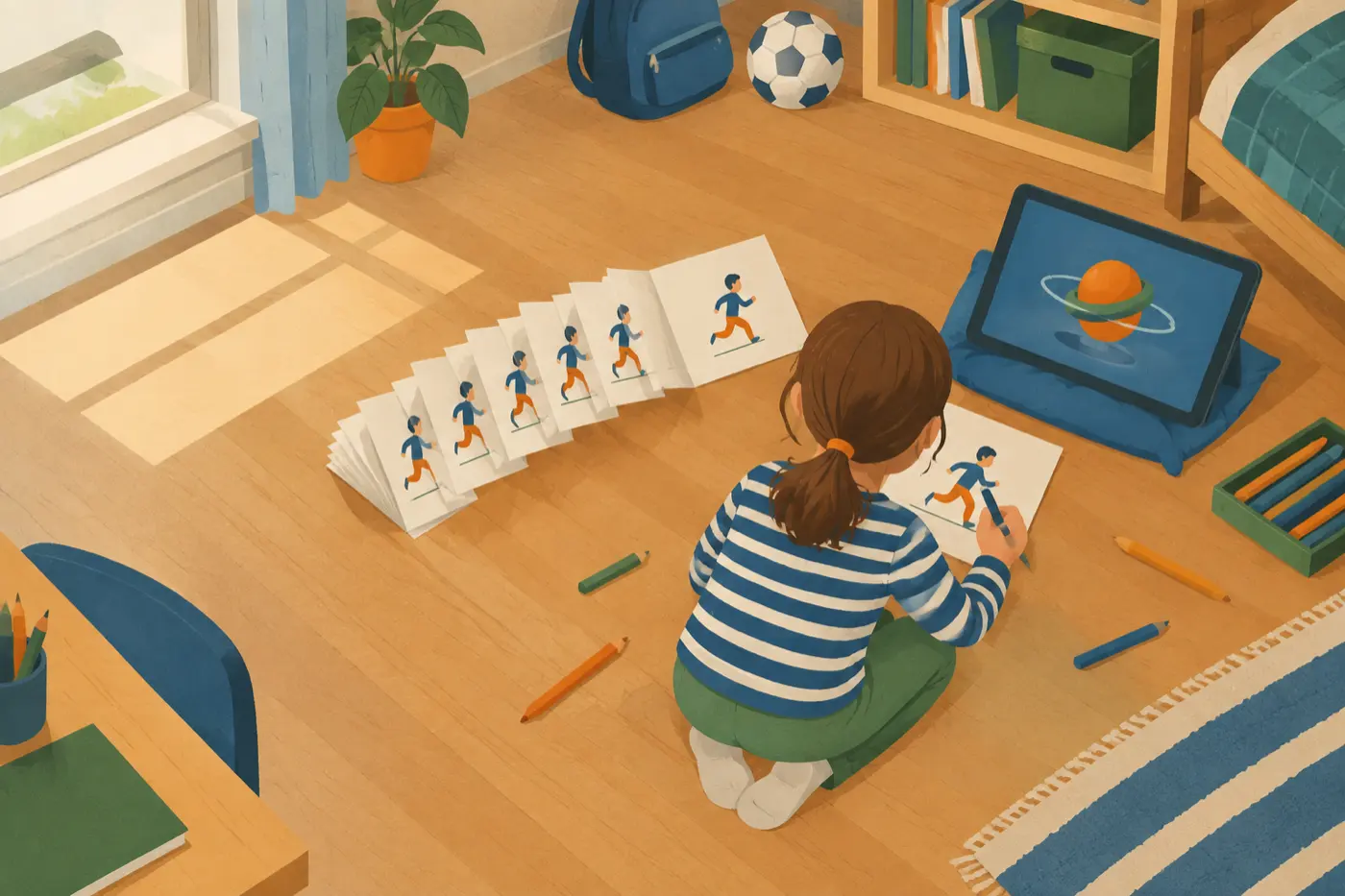 Ein Kind zeichnet von oben gesehen ein Daumenkino auf Papier, daneben liegt ein Tablet mit einer einfachen 3D-Animation.