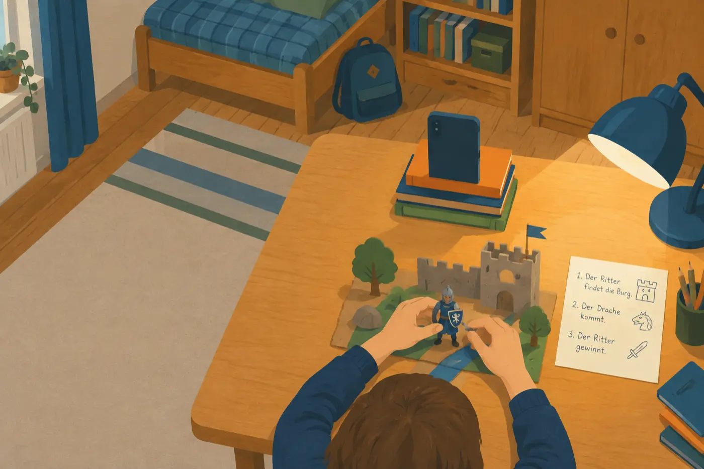 Draufsicht auf einen Kinderschreibtisch mit einer Spielfigur, einem Smartphone auf einem Bücherstapel und handschriftlichen Notizen für einen Trickfilm.