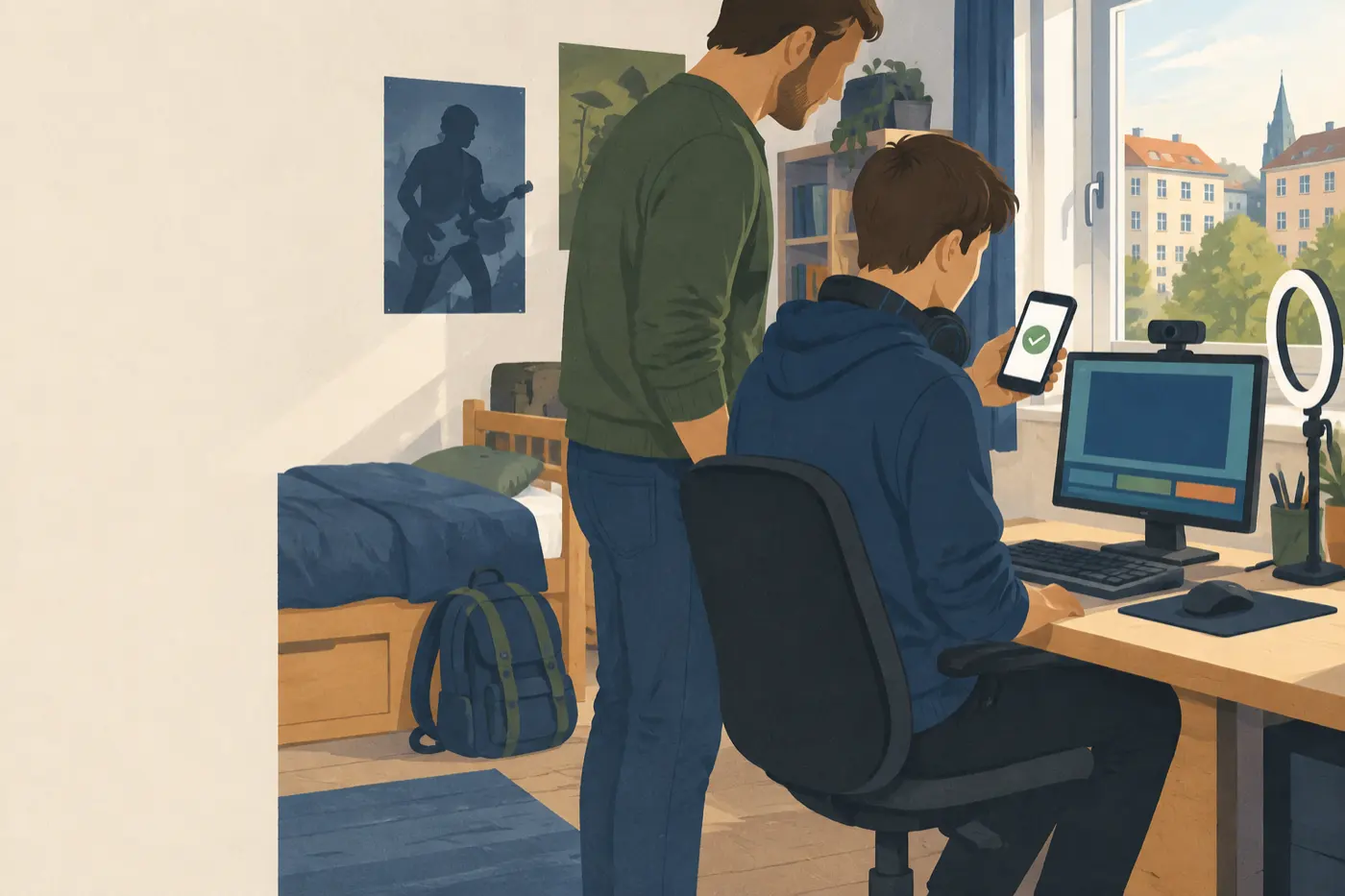 Ein Jugendlicher sitzt mit Kamera und Headset am Schreibtisch, sein Vater steht daneben und beide schauen gemeinsam auf ein Smartphone.
