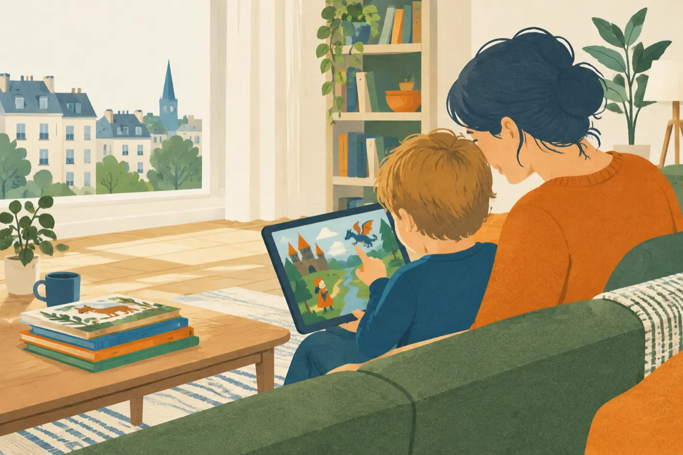 Ein Elternteil und ein Kind schauen sich gemeinsam eine Kinderbuch-App auf einem Tablet an, daneben liegen gedruckte Bilderbücher.