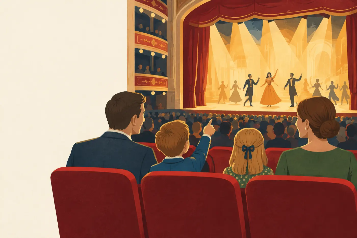Eine Familie sitzt im Theater und schaut gemeinsam auf eine hell beleuchtete Musicalbühne.