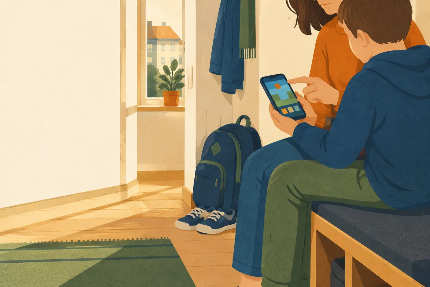 Ein Elternteil und ein Kind sitzen auf einer Flurbank und schauen gemeinsam auf ein Smartphone.