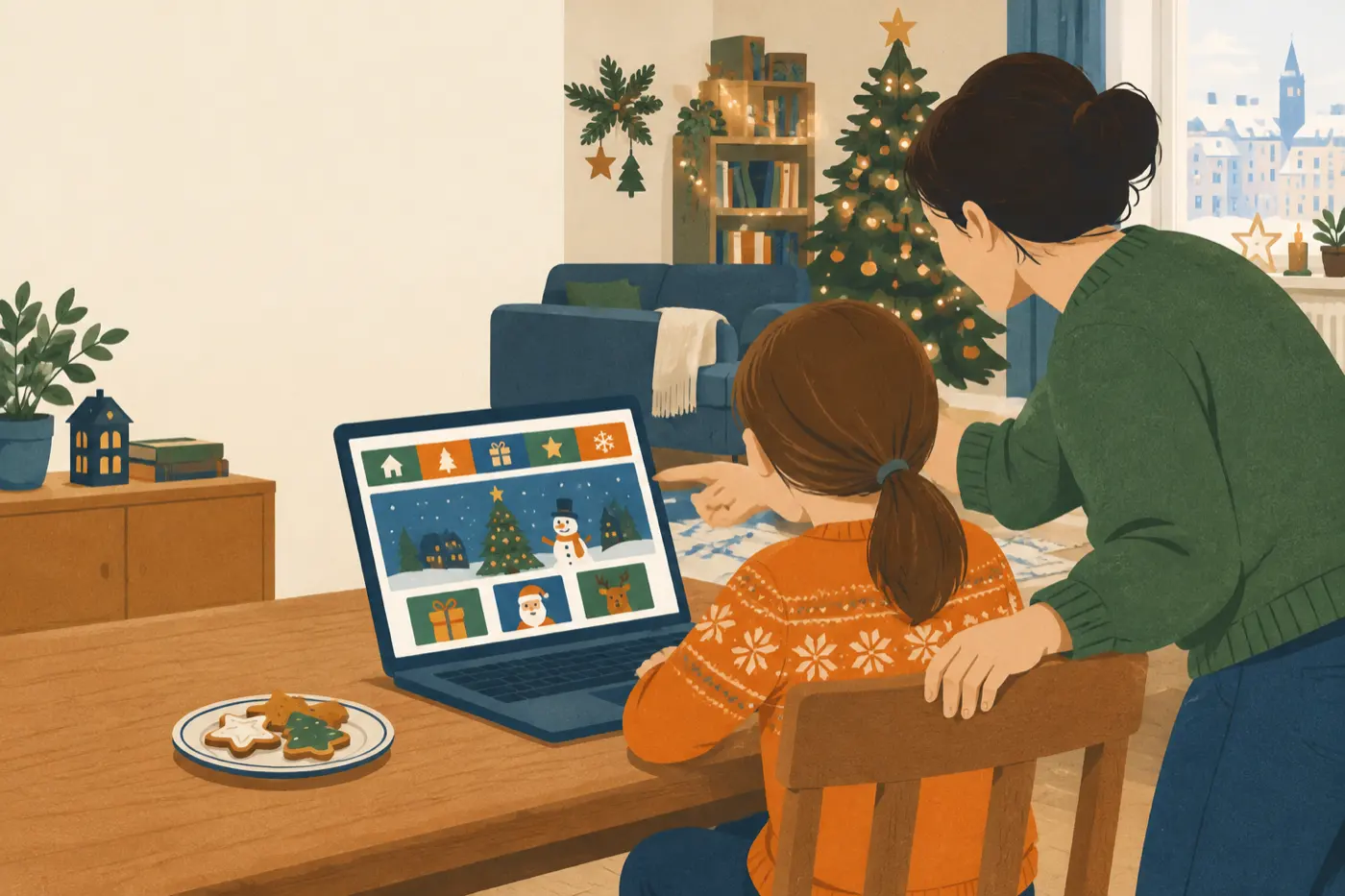 Ein Kind sitzt mit einem Elternteil am Laptop vor einer weihnachtlichen Kinderseite.
