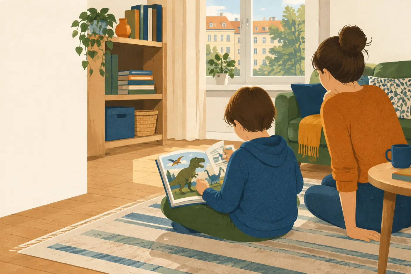 Ein Kind blättert interessiert in einem Bilderbuch, während ungelesene Schulbücher im Regal stehen.