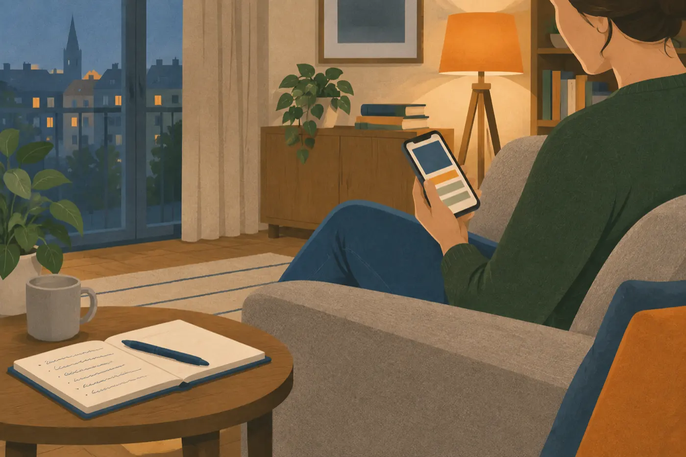 Ein Elternteil sitzt abends auf dem Sofa, Gesicht nicht erkennbar, und schreibt sich Notizen auf, bevor es am Smartphone etwas unternimmt.