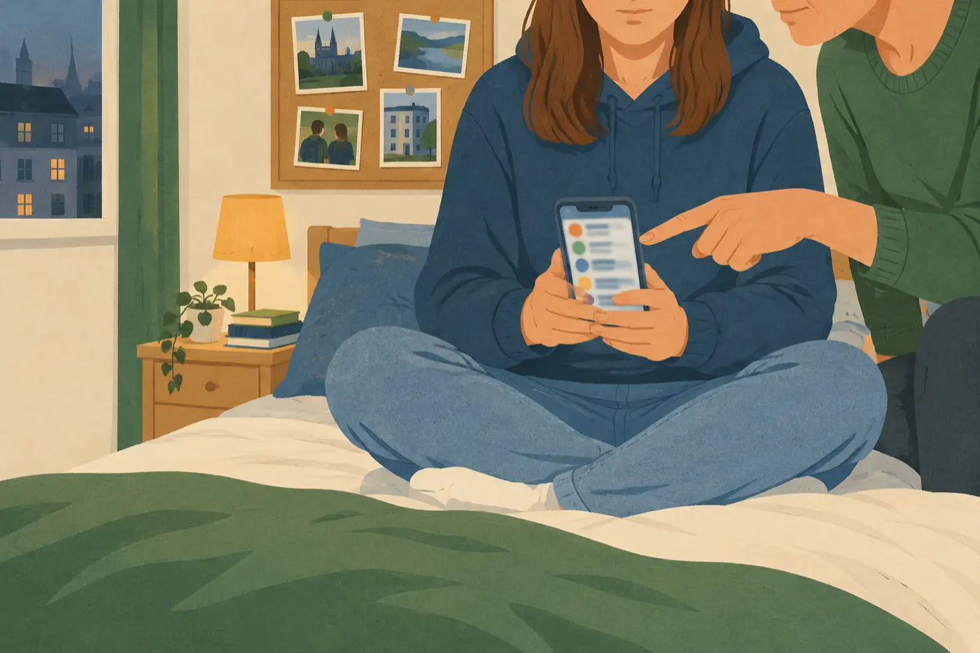 Ein Jugendlicher sitzt mit dem Smartphone auf dem Bett, eine Erwachsenenhand zeigt von der Seite auf den Bildschirm mit bunten Kanal-Symbolen.