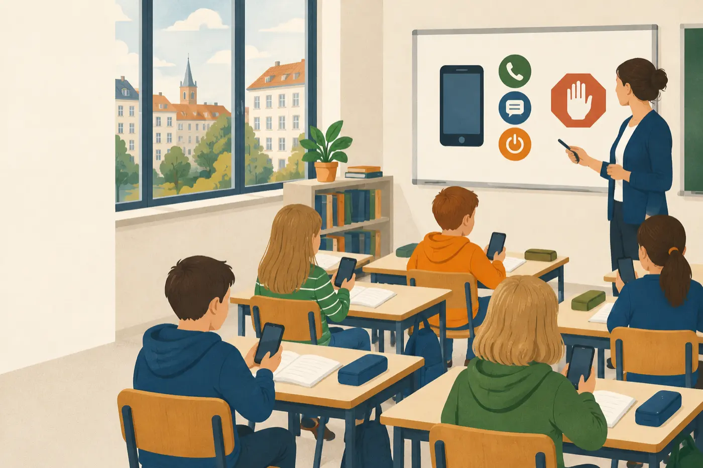Eine Lehrkraft erklärt Grundschulkindern an der Tafel den Umgang mit dem Handy.